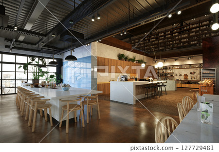 restaurant, interior visualization, 3D illustration 127729481