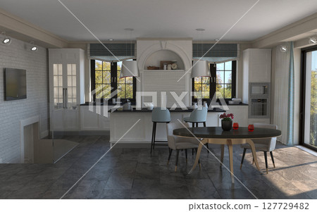 kitchen, interior visualization, 3D illustration 127729482