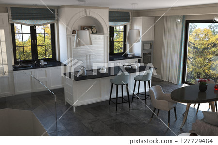 kitchen, interior visualization, 3D illustration 127729484