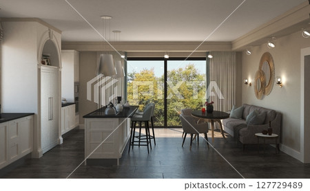 kitchen, interior visualization, 3D illustration kitchen, interior visualization, 3D illustration 127729489