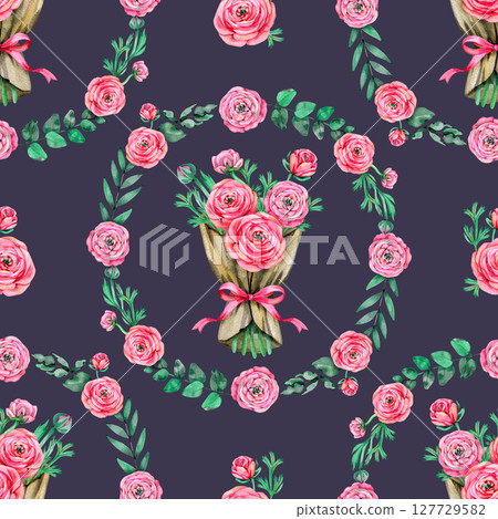 Seamless pattern with pink ranunculus flowers in vintage watercolor style 127729582
