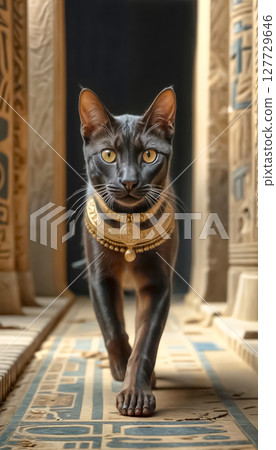 Golden Egyptian magic divine cat, cat in the temple of the Egyptian goddess, Bastet (Bast), Egypt Golden Egyptian magic divine cat, cat in the temple of the Egyptian goddess, Bastet (Bast), Egypt 127729646