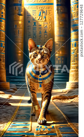 Golden Egyptian magic divine cat, cat in the temple of the Egyptian goddess, Bastet (Bast), Egypt 127729648