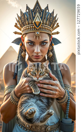 Portrait of a beautiful modern Egyptian woman, symbol of the cat goddess Bastet (Bast), Egypt. 127729659