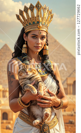 Portrait of a beautiful modern Egyptian woman, symbol of the cat goddess Bastet (Bast), Egypt. 127729662