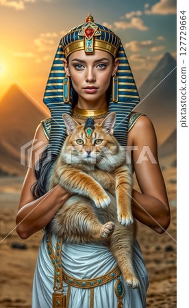 Portrait of a beautiful modern Egyptian woman, symbol of the cat goddess Bastet (Bast), Egypt. 127729664