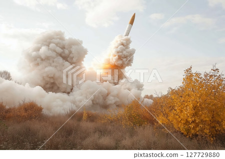 Ballistic missile launch. Modern conflict. 127729880