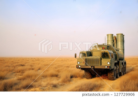 Missile launcher in desert terrain. Ready to launch Missile launcher in desert terrain. Ready to launch 127729906