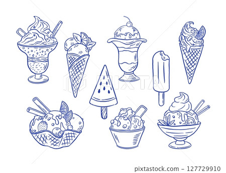 Hand draw ice cream vector illustration. Vintage icecream icon set. Gelato, cone, sorbet, frozen yogurt 127729910
