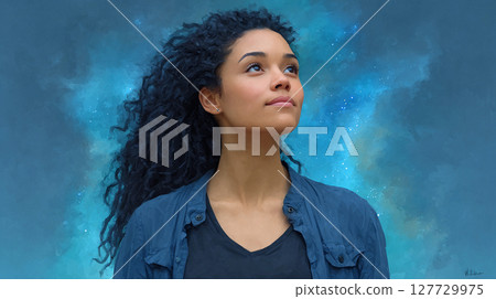 Portrait of a young woman looking up against a cosmic background with swirling clouds and stars. The concept of revealing human potential. 127729975