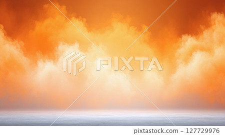 Dramatic orange clouds. Scene with orange smoke in the background. Mist on the ground. Fog backdrop. 127729976