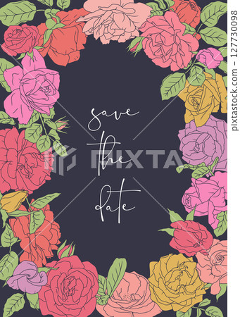 Beautiful hand drawn line art pink rose flowers and leaves vertical oval frame on black background with text Save the Date 127730098