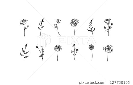 Delicate Flower Doodles. A whimsical row of small floral doodles in a minimal hand-drawn style, ideal for stationery and digital accents. 127730195