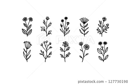 Bold Floral Silhouettes. A striking trio of filled flower silhouettes with rounded petals and strong visual contrast, ideal for impactful branding and prints. 127730198