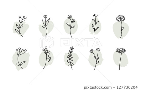 Soft Nature Medallions. Gentle floral icons enclosed in pale ovals, evoking softness and balance, ideal for stationery and organic products. 127730204