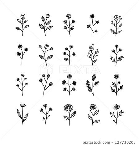 Vintage Ink Florals. A retro-inspired collection of black floral motifs arranged in rows, ideal for packaging, branding, and backgrounds. Vintage Ink Florals. A retro-inspired collection of black floral motifs arranged in rows, ideal for packaging, branding, and backgrounds. 127730205