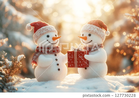 Two snowmen in hats and scarves with a gift on the background of the winter forest. 127730228