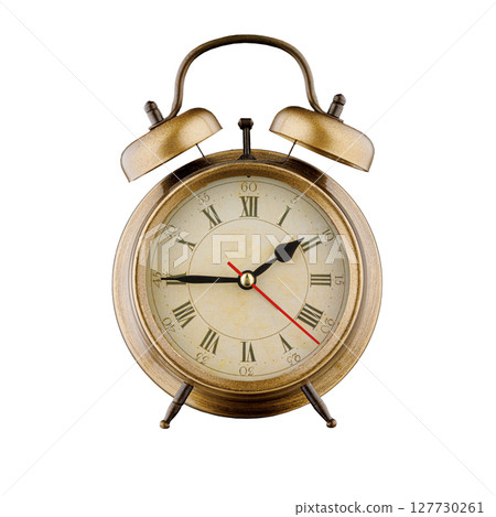 alarm clock, vintage clock with time 01 hours 45 minutes, a.m. 01:45, p.m. 01:45, on isolated white background 127730261