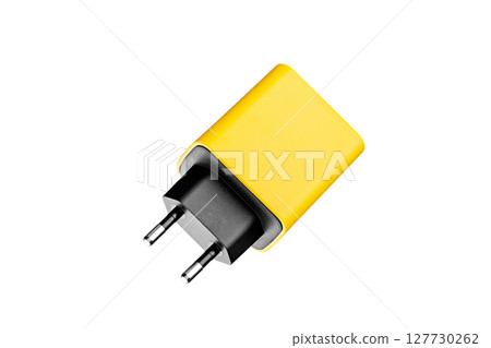 adapter for charger with USB and Type C connector, yellow, on isolated or white background adapter for charger with USB and Type C connector, yellow, on isolated or white background 127730262