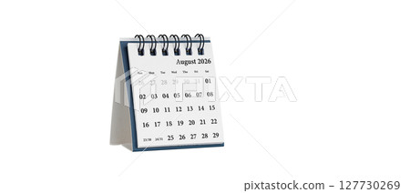 Desktop calendar for August 2026 in white colour. Mini planner for business and finance, spiral view on isolated white background Desktop calendar for August 2026 in white colour. Mini planner for business and finance, spiral view on isolated white background 127730269