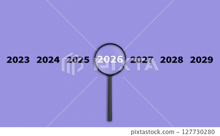 Lens, magnifying glass focusing on the year 2026 on a Purple background. Financial or stock market strategies and past and future events. Lens, magnifying glass focusing on the year 2026 on a Purple background. Financial or stock market strategies and past and future events. 127730280