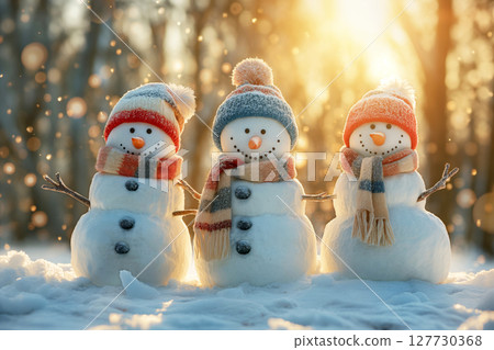 Snowman family in winter forest at sunset. Christmas and New Year concept. Snowman family in winter forest at sunset. Christmas and New Year concept. 127730368