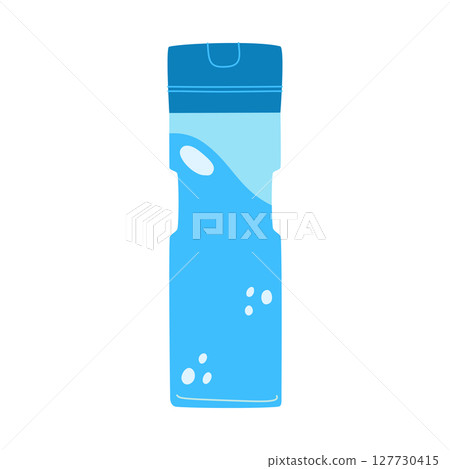 Sports water bottle icon. Blue plastic bottle in cartoon style with water. 127730415