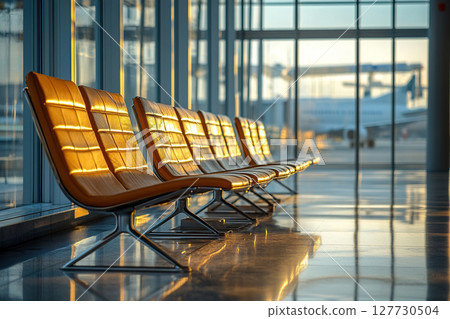 A row of empty seats in an airport waiting room with large panoramic windows overlooking the planes parked outside. Generated by artificial intelligence 127730504