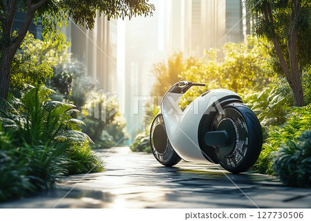 Eco-motorcycle of the future stands in a green part of the city with a view of skyscrapers in the distance. The concept of eco-friendly transport and green city. Eco-motorcycle of the future stands in a green part of the city with a view of skyscrapers in the distance. The concept of eco-friendly transport and green city. 127730506