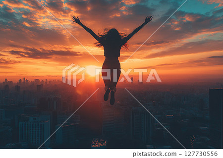 Girl jumping on the roof of a building with a view of the city and a magnificent sunset. Generated by artificial intelligence 127730556