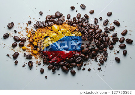 A scattering of roasted coffee beans on a white background with the colors of the Colombian flag. 127730592