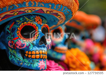 Painted Day of the Dead skull in sombrero on blurred background. Mexican culture and traditions. Generated by artificial intelligence Painted Day of the Dead skull in sombrero on blurred background. Mexican culture and traditions. Generated by artificial intelligence 127730595