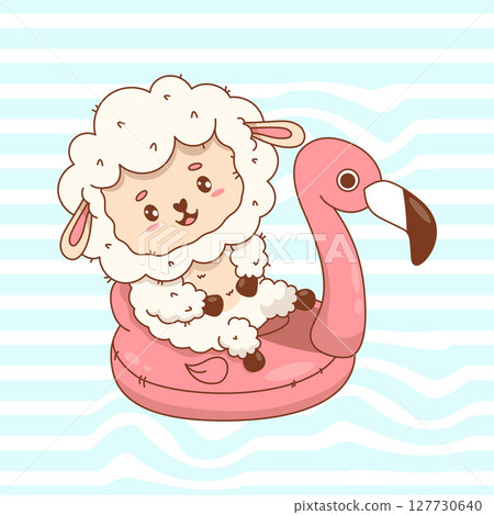 Cute summer Sheep on inflatable pink flamingo. Beach Adorable Farm Animal. Happy kawaii character on striped background. Vector illustration. Kids collection Cute summer Sheep on inflatable pink flamingo. Beach Adorable Farm Animal. Happy kawaii character on striped background. Vector illustration. Kids collection 127730640