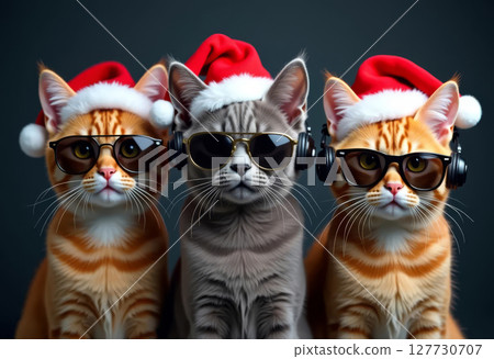 Three cat wearing santa claus hats and sunglasses on black background. Three cat wearing santa claus hats and sunglasses on black background. 127730707