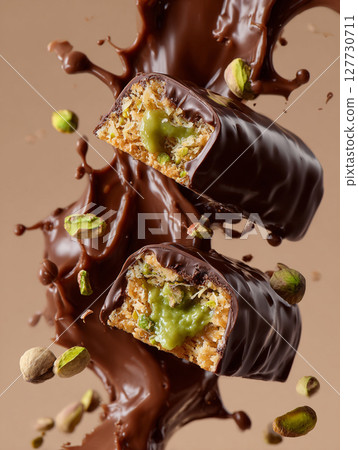 Dubai Chocolate Pistachio Bars with Kataifi Dough. Broken in half with rich, glossy melted chocolate coating and a golden crispy texture underneath, luxury food advertising style. AI Generative 127730711