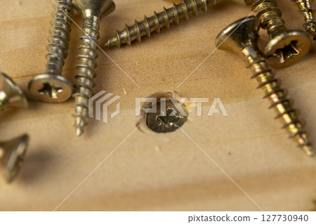 a board fixed with a screw in close up, the self-tapping screw is deeply screwed into the board 127730940