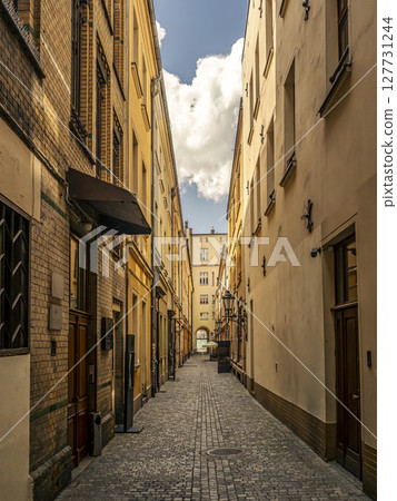 Narrow Cobblestone Alleyway Between Historic Tall Buildings Under Daytime Sky 127731244