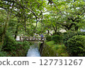 Tourists relaxing on a bridge on the Philosopher's Path, Kyoto 127731267