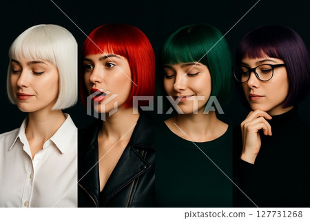 Contrast of color hair portraits and emotions of four women standing side by side on a black background (horizontal composition) 127731268