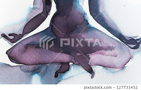 Meditative figure in serene pose illustrated with soft watercolor techniques Meditative figure in serene pose illustrated with soft watercolor techniques 127731432
