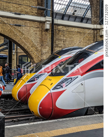 LONDON, UK - APRIL 29: Eurostar train on APRIL 29, 2024. Eurostar train locomotive at St. Pancras station in London, UK. 127732009