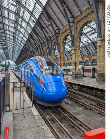 LONDON, UK - APRIL 29: Eurostar train on APRIL 29, 2024. Eurostar train locomotive at St. Pancras station in London, UK. LONDON, UK - APRIL 29: Eurostar train on APRIL 29, 2024. Eurostar train locomotive at St. Pancras station in London, UK. 127732058