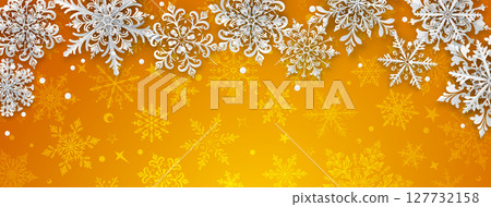 Christmas illustration with paper snowflakes on yellow. Christmas illustration with paper snowflakes on yellow. 127732158