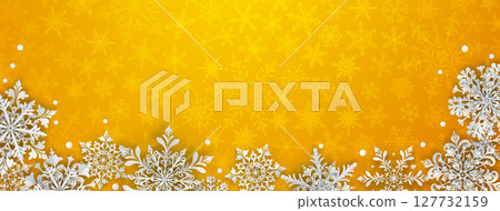 Christmas illustration with paper snowflakes on yellow. Christmas illustration with paper snowflakes on yellow. 127732159