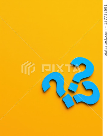 Three Blue Question Marks Lying on Vivid Yellow Background Three Blue Question Marks Lying on Vivid Yellow Background 127732691