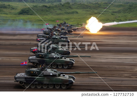 North Korean tanks firing during military exercises 127732710