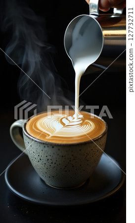 Barista pouring milk into a steaming cup of coffee creating latte art 127732711