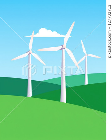 Wind turbines generating clean energy on green hills 127732712