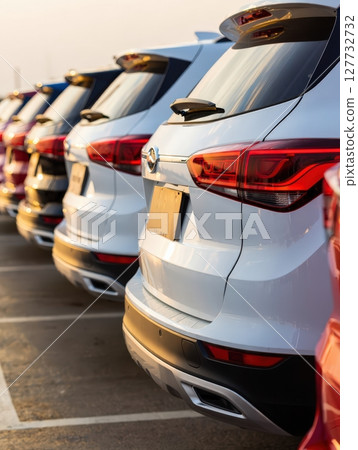 New identical white cars parked in line at sunset in dealership parking lot 127732732
