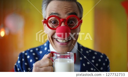 Cheerful clown drinking milk wearing red nose and glasses 127732733